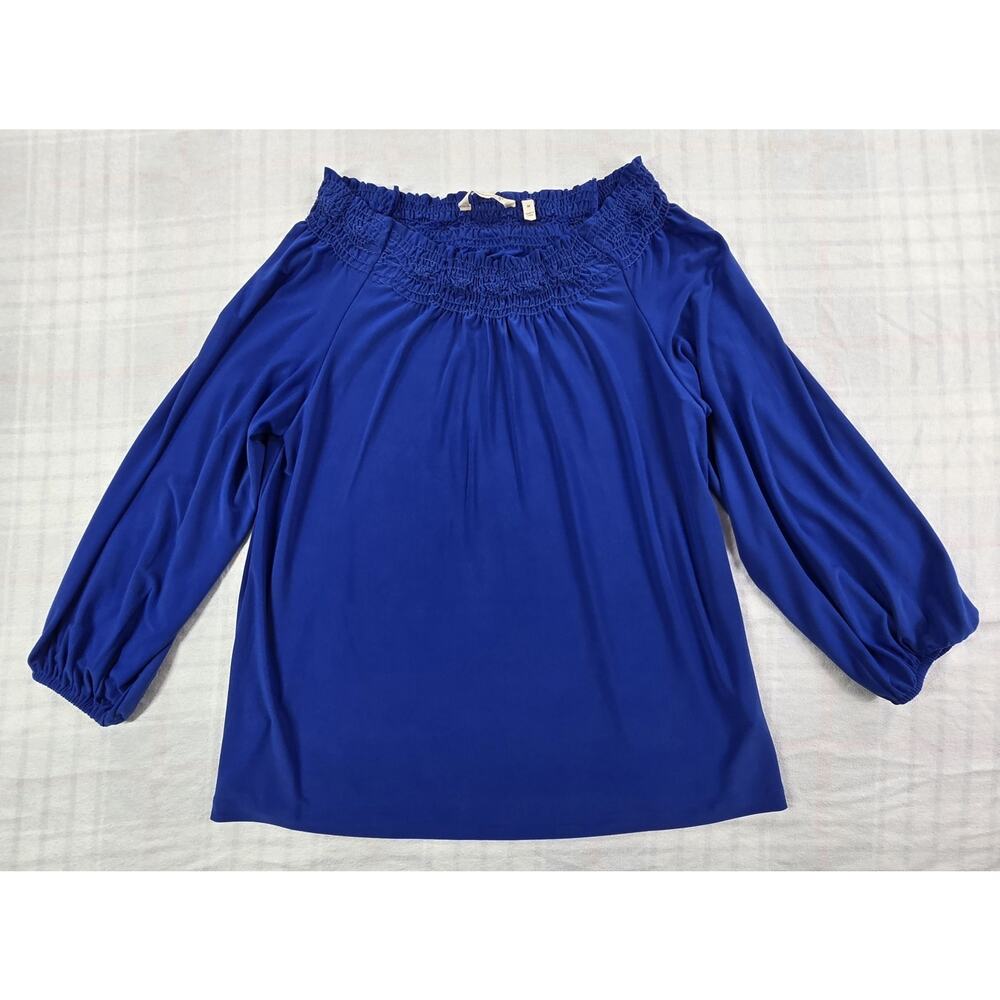 Soft Surroundings Delos Top Blouse Sapphire Blue Smocked Off the Shoulder M